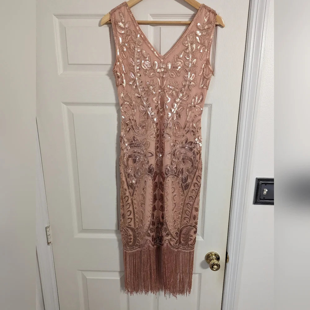 Kayamiya rose gold blush flapper dress sequin fringe size small (read condition)